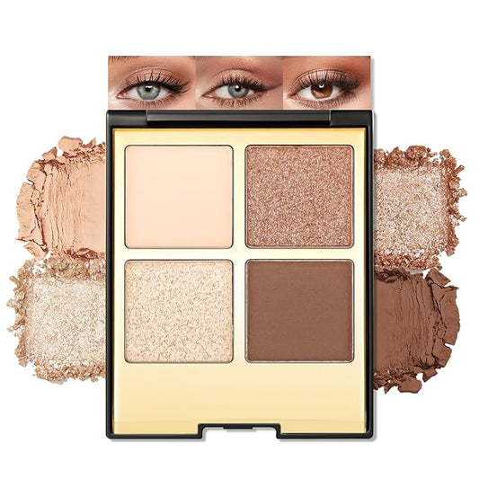 Erinde 4 Colors Eyeshadow Palette Eye Shadow Makeup, Matte Shimmer Metallic Off-white Champagne Reddish brown Nude Neutral Eyeshadow, Long Wearing, Pigmented Blendable, Quad Eye Shadow Palette, 04