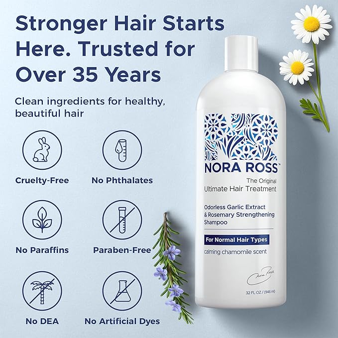 Nora Ross Garlic Extract Hair Strengthening Shampoo – Thickening Shampoo for Women and Men with Normal to Dry, Thinning Hair – All Natural Anti-Dandruff and Scalp Cleanser with Rosemary – 32oz