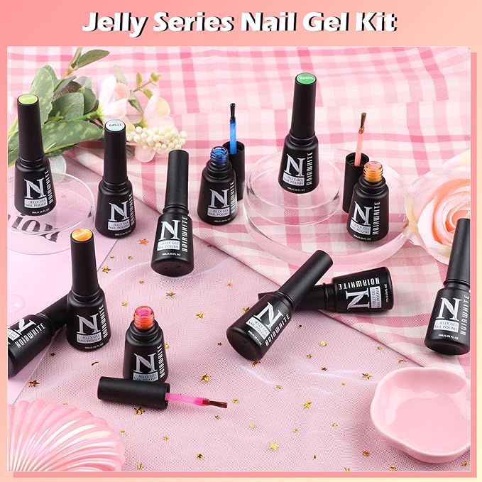 Jelly Gel Nail Polish, 12 Pcs Glossy Trendy Colors Transparent Nail Polish Set Nude Pink Purple Green Blue Yellow Colors Jelly Nail Polish Kit UV LED Soak Off Home DIY Nail Art Salon