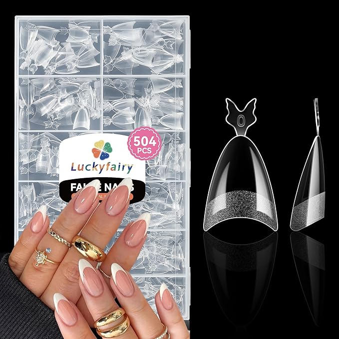 Almond Nail Tips, 504PCS Pre Etched Half Cover Fake Nails Tips, 12 Sizes Medium Almond Shape Clear Soft Natural Acrylic Press On Gel Nail Extensions DIY Salon