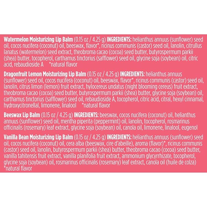 Burt's Bees Lip Balm, Moisturizing Lip Care, 100% Natural, Discover U - Original Beeswax, Watermelon, Dragonfruit Lemon & Vanilla (4 Pack)