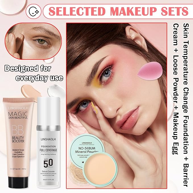 Color Changing Liquid Foundation & Full Coverage Concealer Foundation Face Primer Base Makeup Set,Moisturizing BB Cream & Loose Setting Face Powder with Makeup Sponge