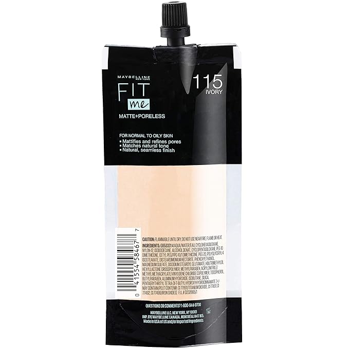 Maybelline New York Fit Me Matte + Poreless Liquid Foundation, Pouch Format, 115 Ivory, 1.3 Ounce