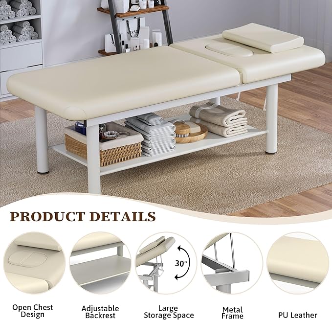 Olela Heavy Duty Stationary Massage Table with Adjustable Backrest, 31.5" Wide Professional Spa Facial & Therapy Bed, Metal Frame PU Leather Treatment Table for Salon & Clinic