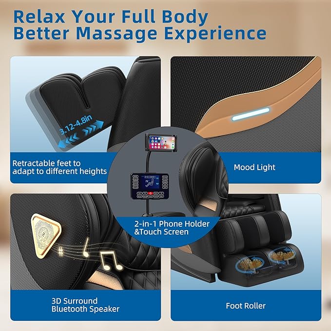 Massage Chair Full Body, Zero Gravity Massage Chair 2026 Recliner with 10 Fixed Rollers, 20 Auto Massage Modes, 8 Airbag, Waist and Back Heating, Bluetooth, Touch Screen Controller (Upgraded Black)