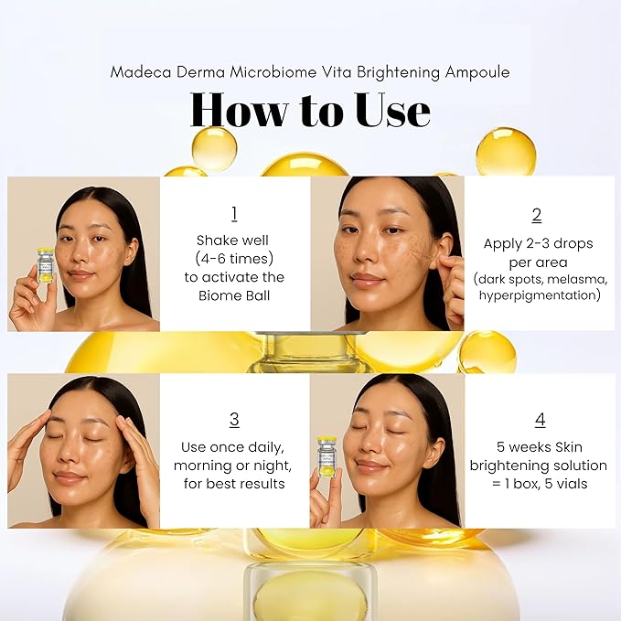MADECA DERMA Vita Brightening Microbiome Ampoule – Brightening with Vitamins C & E, Hyaluronic Acid & Antioxidants, Korean Skincare for Radiant, Even Tone & Dark Spot Care (0.23 fl oz x 5 Bottles)