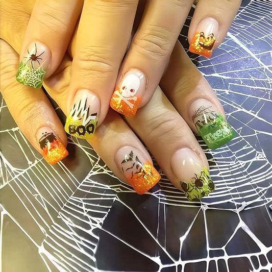 24Pcs Halloween Press on Nails Short Square Fake Nails with Skull Bat BOO Design Orange Green Glitter French Tip False Nail Glossy Spider Web Acrylic Nail Halloween Full Cover Glue on Nails for Women