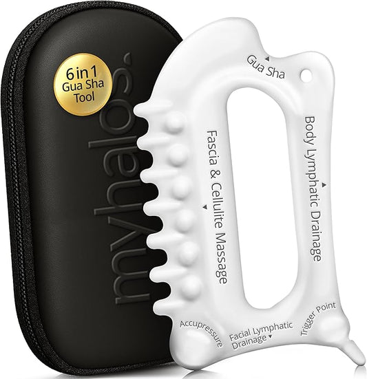 MyHalos 6-in-1 Ceramic Body Gua Sha Facial Tools - Lymphatic Drainage Tool, Face Sculpting Tool & Acupressure tool - Body Guasha, Trigger Point Massage Tool for Fascia Massage and Cellulite