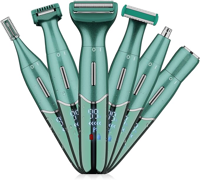 Karrte 6-in-1 Electric Razor for Women's Pubic Hair, Painless Body Shaver and Facial Epilator, Hair Removal for Face, Bikini Trimmer for Women's Private Area Green