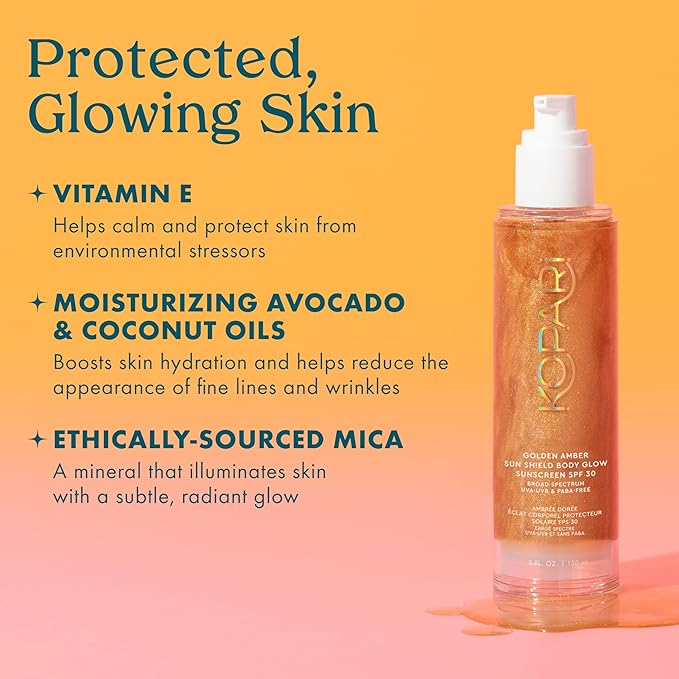 Kopari Sun Shield Body Glow, Broad Spectrum SPF 30, Lightweight Shimmering Gel Texture Absorbs Quickly, Non Sticky, Glowing Results, Golden Amber 5 oz