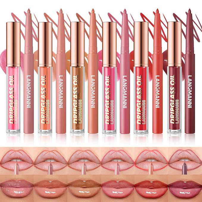 Jolilab Matte Lip Liner Lip Oil Set, Lip Makeup Set Natural Smooth Long-Lasting And Hydrating Beauty Daily Cosmetics Gift for Girls Easy-to-Use（12pcs）