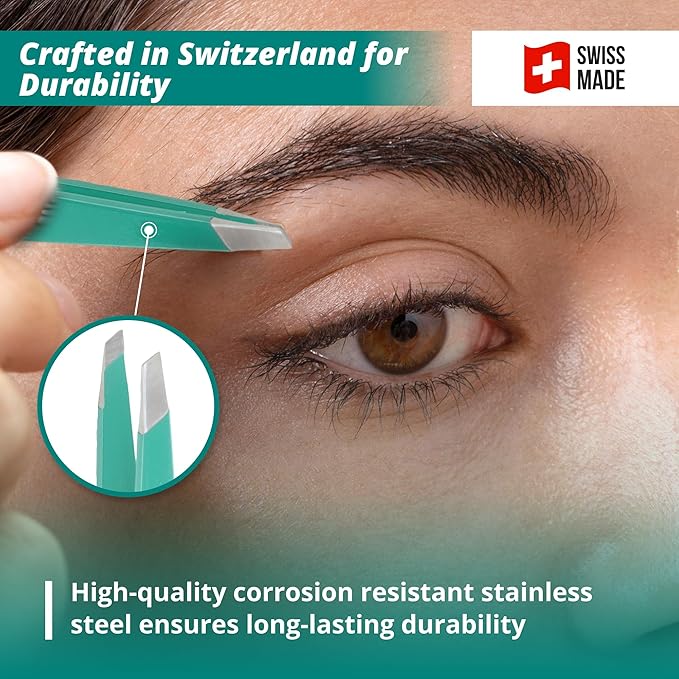 Excelta Eyebrow Tweezers, Precision Aligned Slant Tip, Ergonomic Design for Comfort and Control, Ideal for Plucking Ingrown Hairs and Splinters From the Root, Durable & Sturdy Carbon Steel, Swiss Made