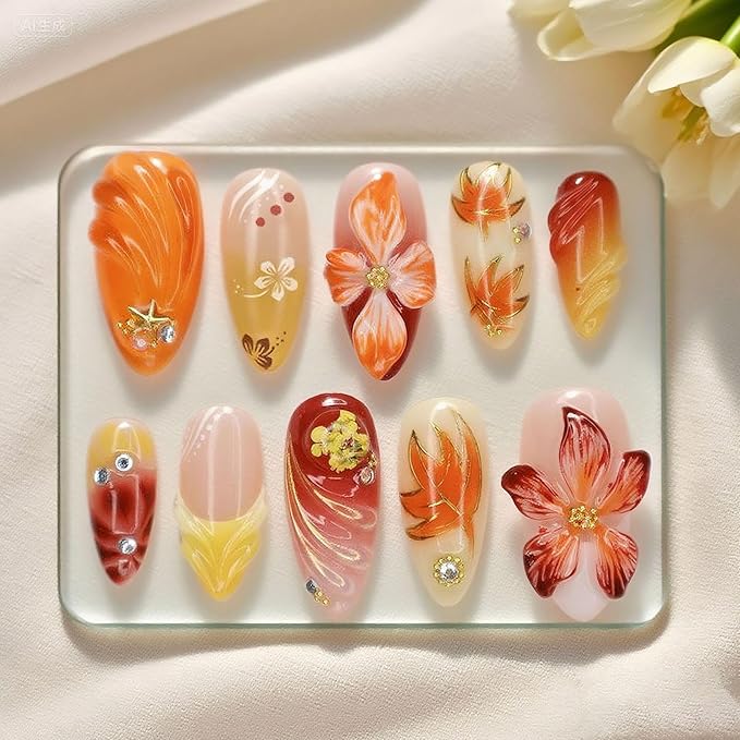 30Pcs Fall Press on Nails Medium Almond Fake Nails with 3D Flower Rhinestones Design Handmade French Tip Nails Autumn Thanksgiving Maple Leaf False Nail Gradient Stick on Nail for Women