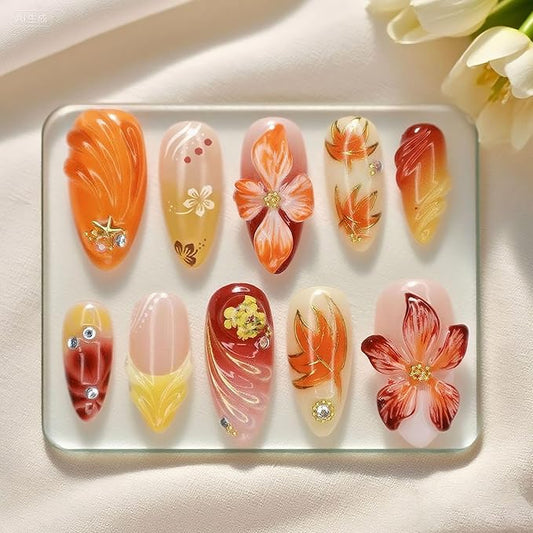 30Pcs Fall Press on Nails Medium Almond Fake Nails with 3D Flower Rhinestones Design Handmade French Tip Nails Autumn Thanksgiving Maple Leaf False Nail Gradient Stick on Nail for Women