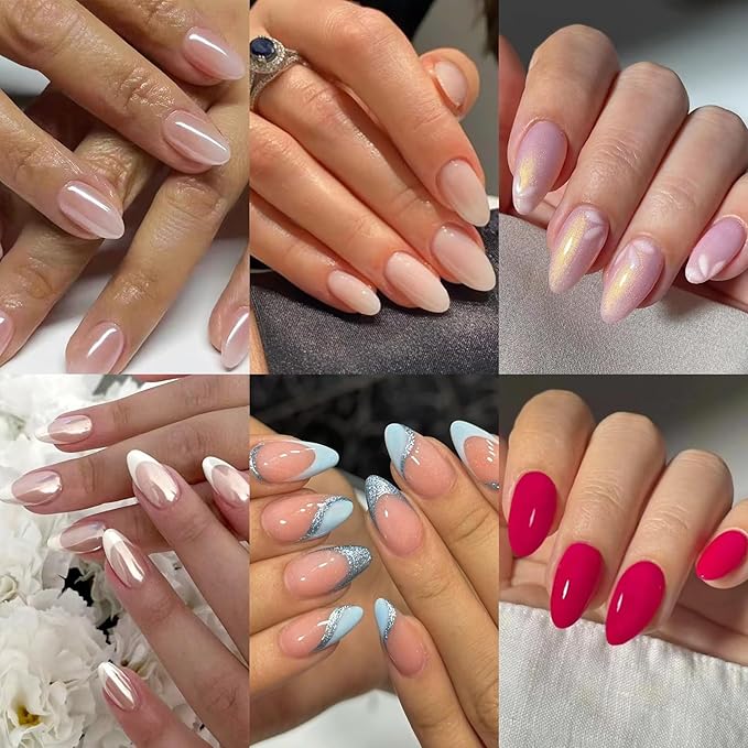 6 Packs (144 Pcs) Almond, Pink Press on Nails - Medium, Short, French Tip, Ombre, Gel False Nails - 12 Sizes, 6 Styles