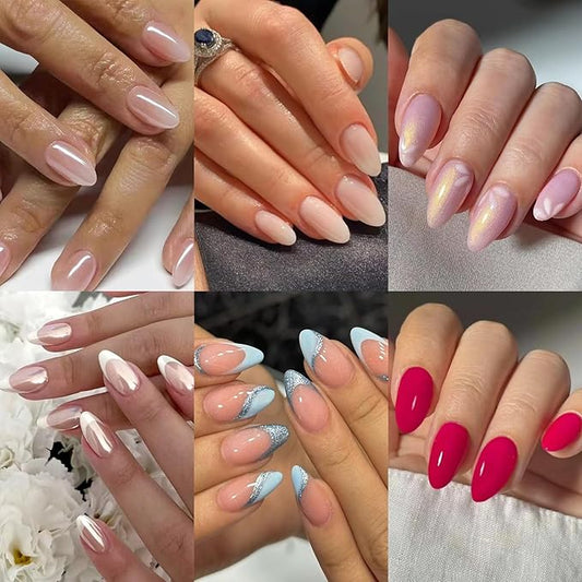 6 Packs (144 Pcs) Almond, Pink Press on Nails - Medium, Short, French Tip, Ombre, Gel False Nails - 12 Sizes, 6 Styles