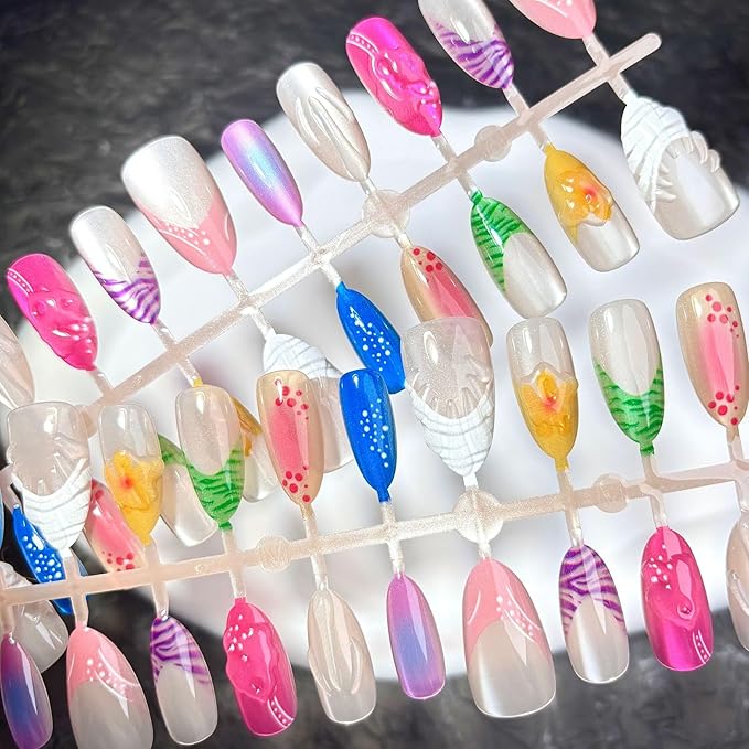 30Pcs Colorful Summer Press on Nails Medium Almond Fake Nails with 3D Shell Design Pink White Purple French Tip False Nails Y2K Blush Glitter Full Cover Glossy Stick on Nails for Women Decor