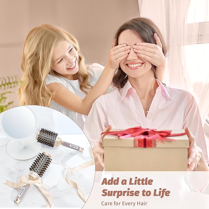Round Hair Brush for Blow Out, 1.7 Inch, Nano Thermal Ceramic & Ionic Tech, Boar Bristle, Roller Brush for Blow Drying and Styling, Includes 4 Free Clips, Gold