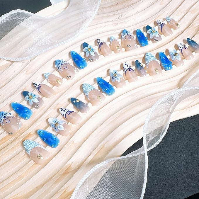 30pcs Blue Flower Press on Nails Medium Almond Fake Nails with Shell Floral Pearl Designs French Tip False Nails Kit Summer Beach Acrylic Nail Tips Full Cover Glue on Nails for Women