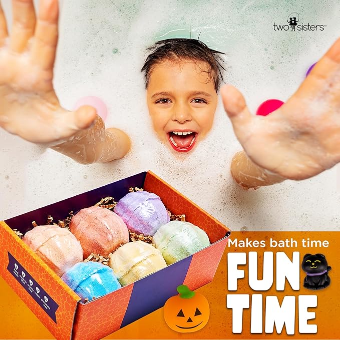 Halloween Bath Bomb for Kids with Surprise Toys Inside (6 Pack) - Large Pumpkin Spooky Bombs for Boys & Girls – Made in USA, Boo Basket Stuffers for Teens by Two Sisters