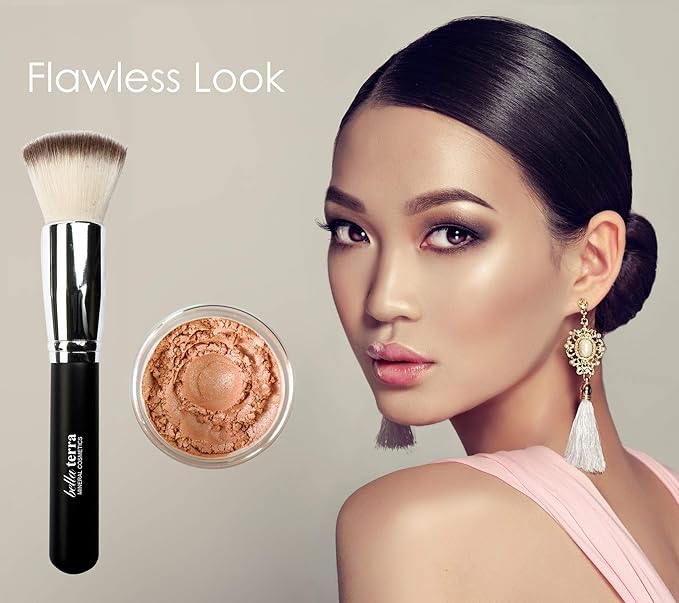 BellaTerra Cosmetics Mineral Bronzer – Travel Compact Vegan Tanning Contour Powder for Face & Body – Soft Synthetic Bristles for Smooth Foundation, Powder (Sunset Kiss)