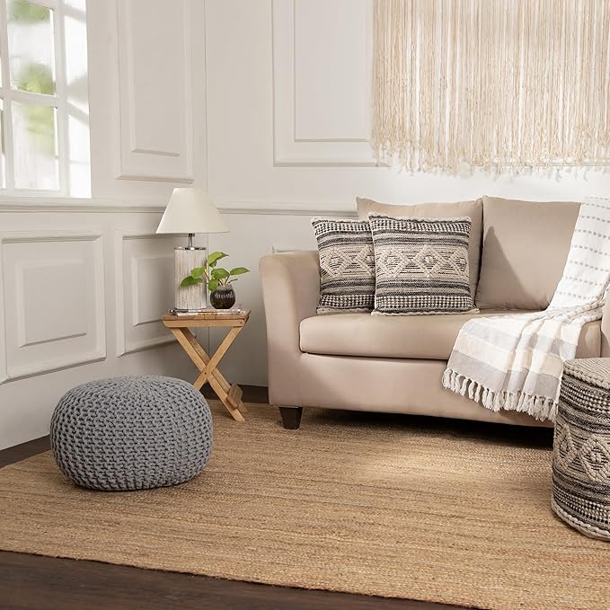 REDEARTH Round Boho Pouf Ottoman - Cable Knitted Cord Boho Pouffe - Stuffed Poof Accent Beanbag Footrest for Living Room - Nursery - Bedroom - Covered Patio - Study Nook (18”x18”x14”) - Gray-S