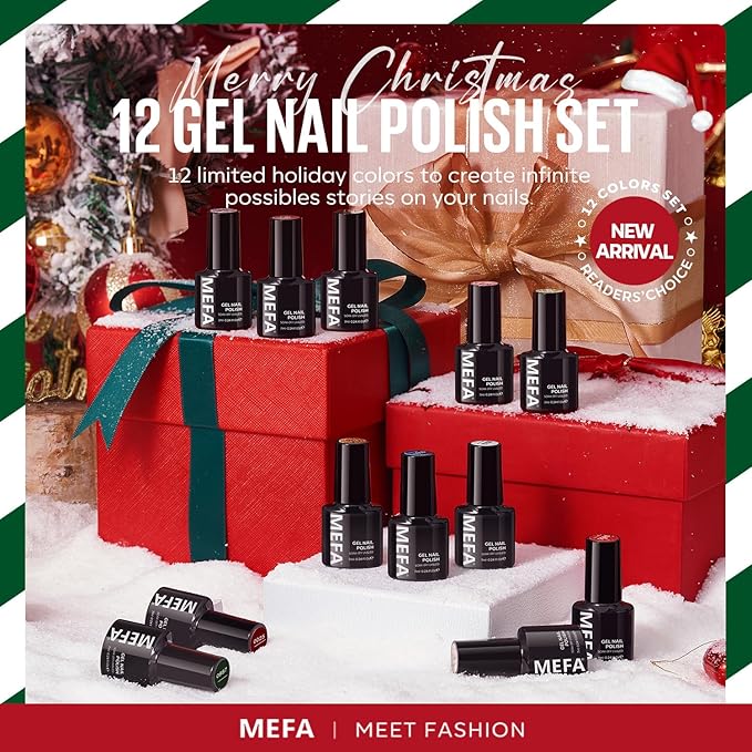 MEFA Christmas Gel Nail Polish Set Limited Edition, 12 Colors Burgundy Red Dark Green Glitter Gel Polish Winter Silver Gold Sparkle Nail Polish Manicure Soak Off Salon Christmas Gifts for Women Girl