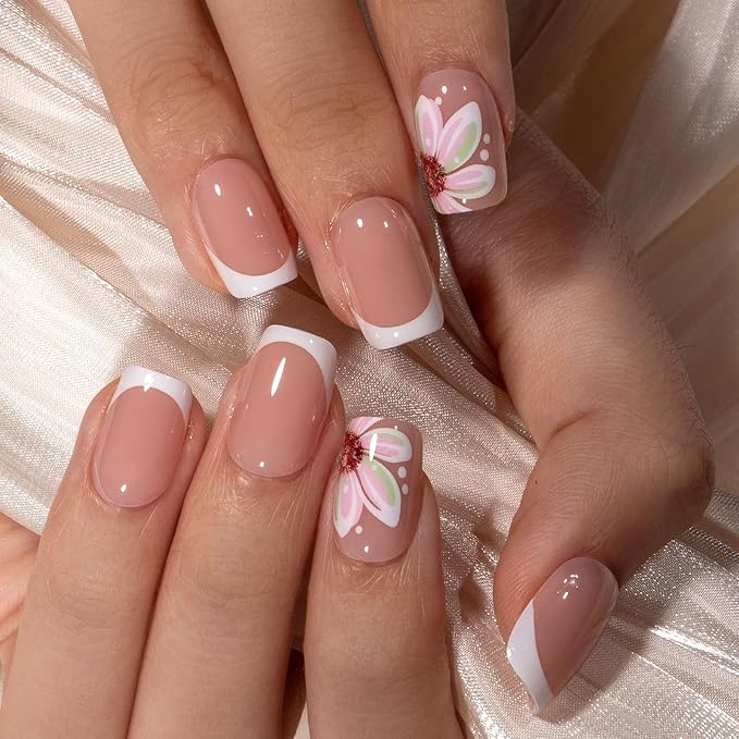Curvlife Soft Gel Press on Nails, French Flower Nail Tips, Full Cover Short Design Reusable Fake Nails Kit with Glue and Adhesive Tabs