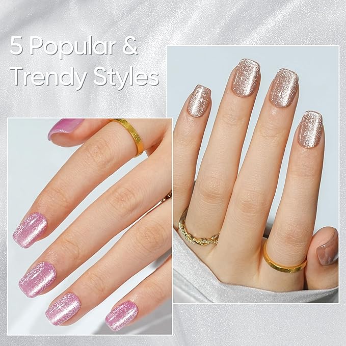 Press on Nails Short 5 Styles, Jofay Fashion 160Pcs Summer Cat Eye Press on Nails for Women, Reusable Opaque Gel Fake Nails, Square Glue On Nails in 16 Sizes, Blooming Flowers