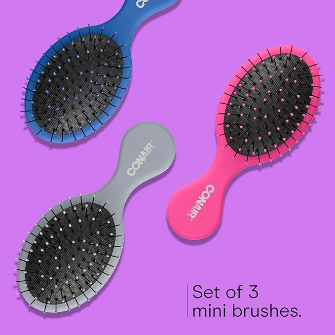 Conair Detangling Mini Hair Brush Set, 3-Pack Detangler Brushes for Wet or Dry Hair, Gentle Detangler for All Hair Types, Bristle Hair Brushes for Women, Travel Size, Pink, Gray, and Blue
