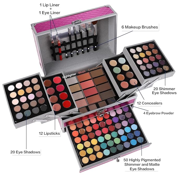 All in One Makeup Gift Set for Women Girls Full Kit, Includes Eyeshadow, Lipstick, Concealer, Highlighter, Eyebrow Powder, Blush, Contour, Lip Liners, Eyeliner, Brushes (Cerise)