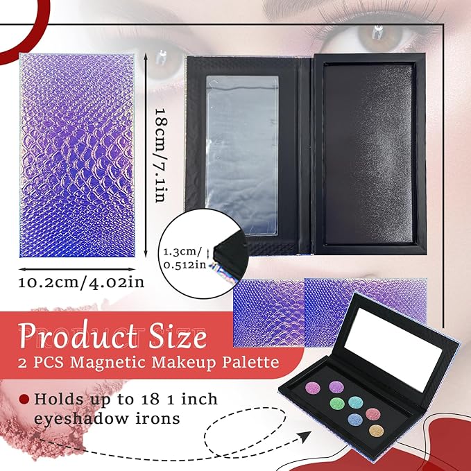 2 Packs Magnetic Makeup Palette Empty - Large Mermaid Palette with Mirror - Magnetic Palette for Storage & Travel