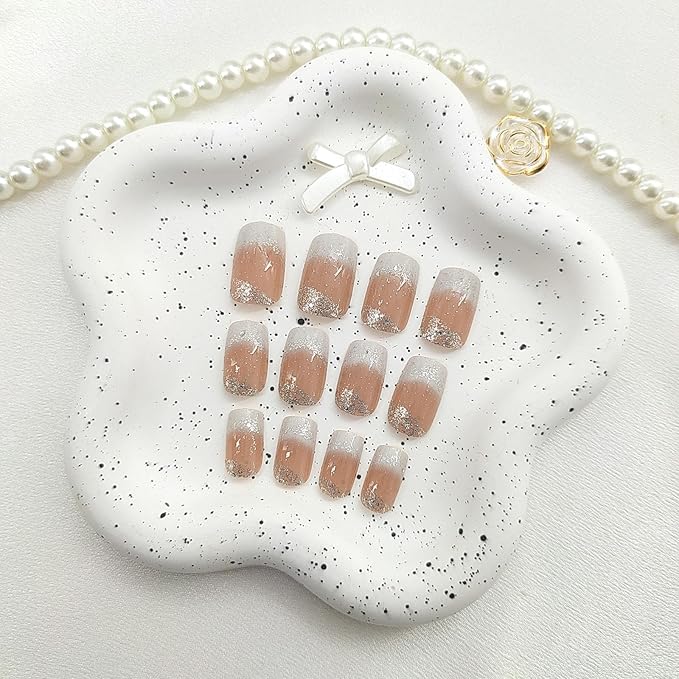 Press on Nails Medium Square Fake Nails French Tip Nails Press ons Glossy Glue on Nails White Ombre Acrylic Nails Brown False Nails with Glitter Designs Artificial Stick on Nails for Women 24Pcs