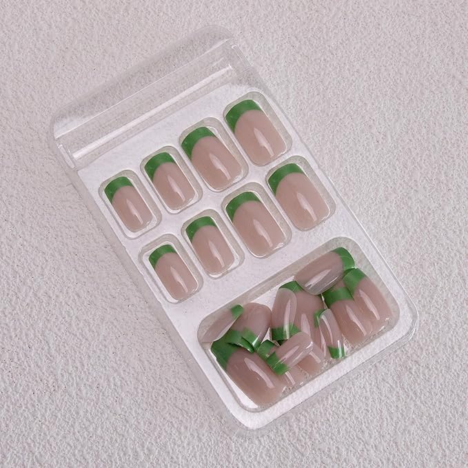 French Tip Press on Nails Medium Square Fake Nails Green Acrylic Nails St. Patrick’s False Nails Glossy Glue on Nails Stick on Nails Spring Artificial Nails for Women Girls Manicure 24Pcs