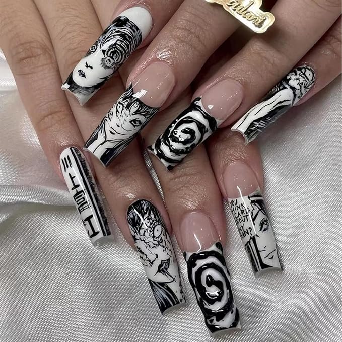 24Pcs Long Press on Nails Square French Tip Fake Nails Black White Punk Acrylic Nails Cartoon Anime Design Full Cover False Nails with Design Artificial Glue on Nails for Women Manicure Decoration