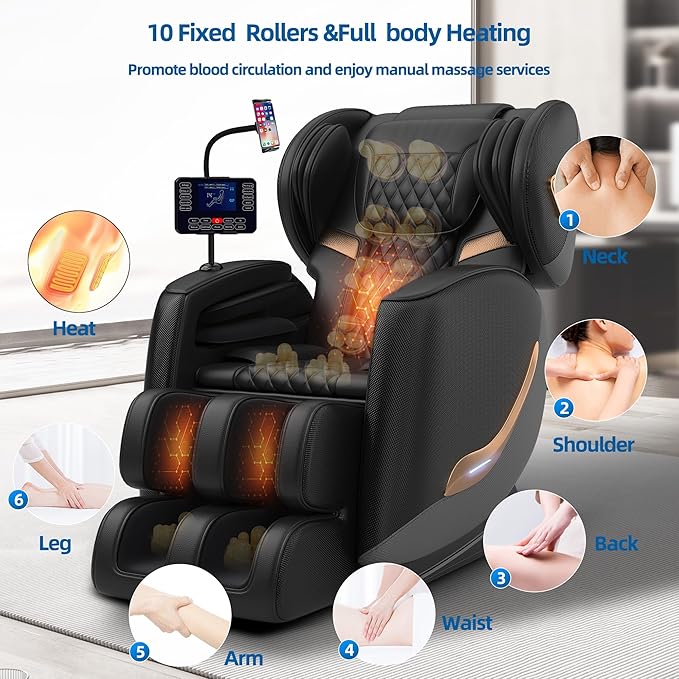 Massage Chair Full Body, Zero Gravity Massage Chair 2026 Recliner with 10 Fixed Rollers, 20 Auto Massage Modes, 8 Airbag, Waist and Back Heating, Bluetooth, Touch Screen Controller (Upgraded Black)
