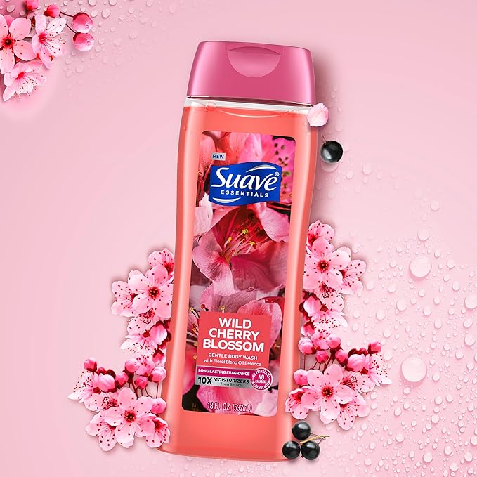Suave Moisturizing Body Wash, with Wild Cherry Blossom and Vitamin E Extract, No Parabens, No Phtahaltes, 18 Oz Pack of 6