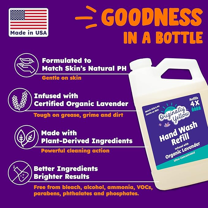 Originally Yellow Plant-Based Hand Soap All Natural Infused with Organic Lavender | Gentle Natural Hand Soap | Pet & Baby-Safe Soap (64 Fl Oz (1 Pack), Lavender)