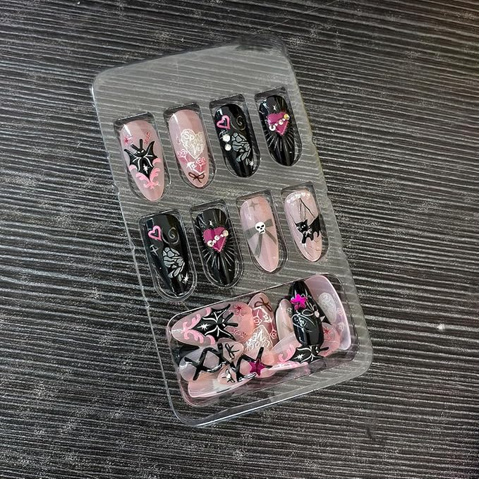 24Pcs Halloween Press on Nails Medium Almond Fake Nails with Cute Black Cat Bat Designs Pink Heart Bow Glue on Nail Full Cover Acrylic Artificial Nails for Women Halloween Manicure Decoration