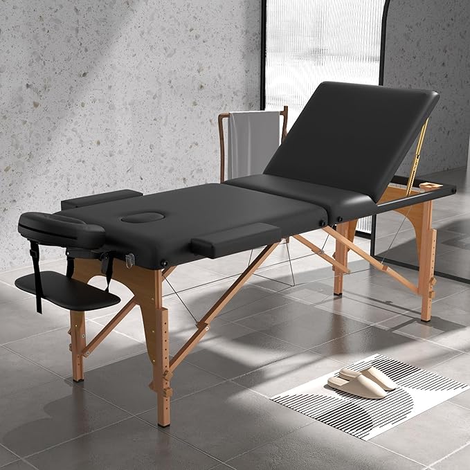 Massage Table Massage Bed, Portable 3 Section Foldable Tattoo Bed, Height Adjustable Lash Spa Bed with Face Cradle, Home Light Weight Facial Salon Bed with Wood Frame, Black