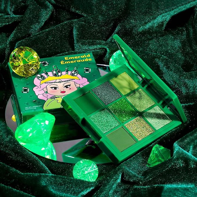 KimChi Chic Jewel Collection Eyeshadow Palette - Pigmented Blendable & Long Lasting Colors, Matte & Glitter Shades, Includes Jewel Stickers, Cruelty Free, Emerald