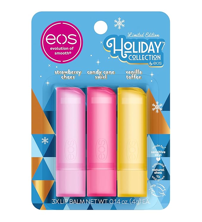 eos Holiday Lip Balm Gift- Strawberry Cheer, Candy Cane Swirl & Vanilla Toffee, Stocking Stuffers, All-Day Moisture Lip Care, 0.14 oz, 3 Count
