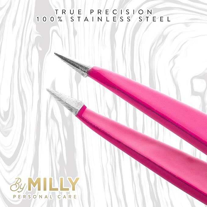Pointed Tweezers | High Carbon Stainless Steel Needle Nose | Fine Point Precision Hair Removal | Perfectly Aligned & Hand-Filed Sharp | Pink
