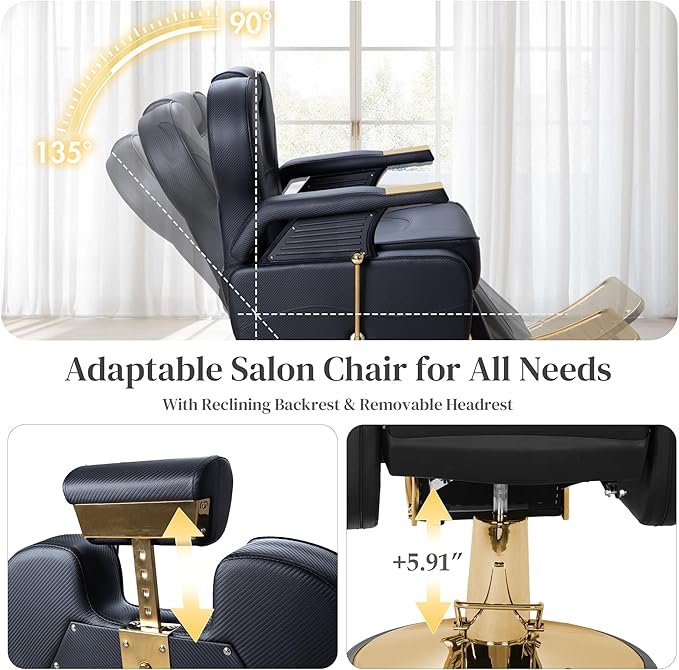 FHFO Barber Chairs for Barbershop, Heavy Duty Hydraulic Barber Chair 360° Swivel Reclining, Adjustable PU Leather Beauty Salon Chair for Barbershop Spa Black/Gold