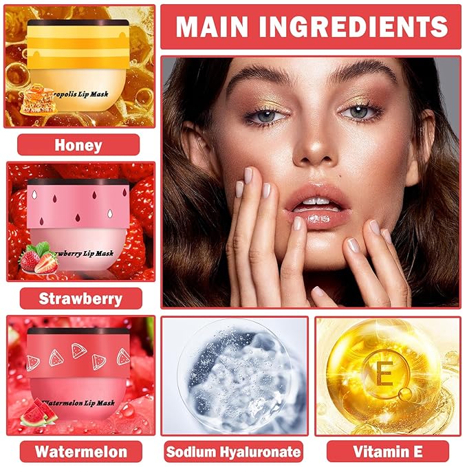 3PCS Bee Lip Balm Honey Pot Honey Strawberry Watermelon Sleeping Lip Mask Silky Hydrating Bee Lip Balm Honey Lip Mask Overnight LipCare Products(Honey+Strawberry+Watermelon)