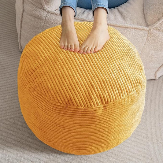 HIGOGOGO Round Stuffed Pouf Ottoman, Corduroy Poufs with Foam Chunk Filling, Furry and Fluffy Pouf Foot Stool Storage Ottoman, 26 X 18 Floor Poufs Foot Rest for Living Room, Orange