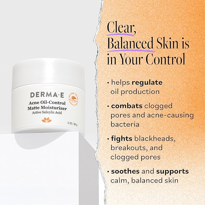 DERMA E Acne Oil Control Face Moisturizer, 2 Oz, Matte Moisturizer with Salicylic Acid, Tea Tree Oil & Aloe Vera, Face Cream Rebalances Sebum Production & Prevents Blemishes, Redness & Breakouts 2 Oz
