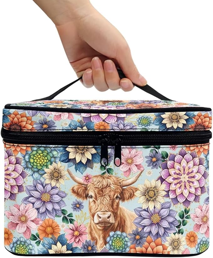 Boho Mandala Highland Cattle Pattern Travel Makeup Bags for Women Portable Tote Cosmetic Case with Carry Handle Toiletry Accessories Storage Organizer Bags