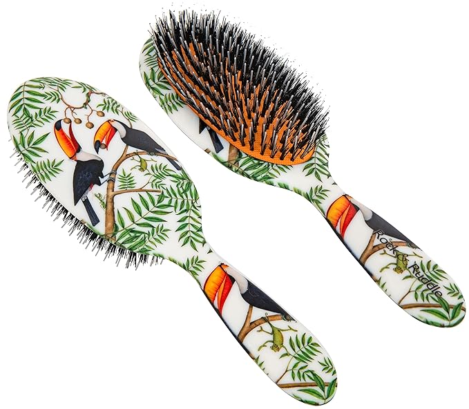 Rock & Ruddle Natural Mixed Boar Bristle Hair Brush for Women and Kids (Large, 21 cm) - Perfect for Wet or Dry Hair, Detangling Smoothing Blowdrying - Designed & Made in UK - Toucans Design