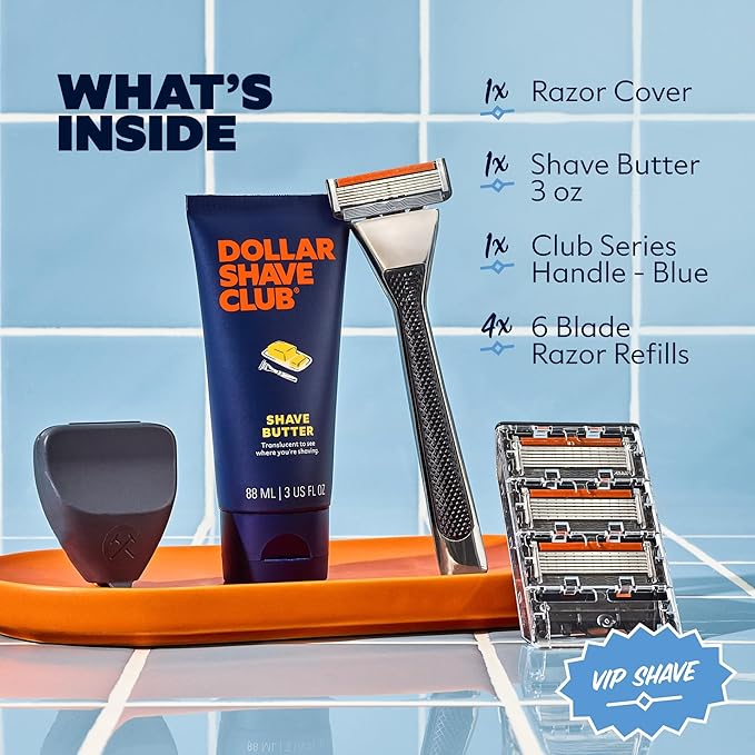 Dollar Shave Club | The VIP Shave Set | 4 Extra Close Refill Cartridges, 1 Heavy Metal Handle, 1 Shave Butter 3 ounce, 1 Razor Cover, Razors for Men